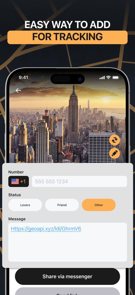 Captura de tela de um aplicativo móvel mostrando a interface para adicionar um número de telefone para rastreamento, com opções para categorizar como amantes, amigos ou outros.