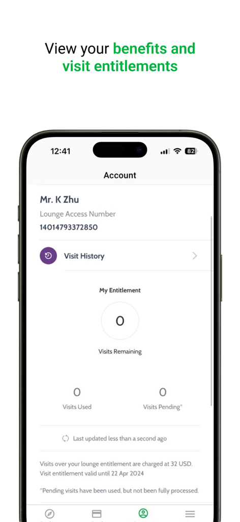 LoungeKey - LoungeKeyアプリのアカウントダッシュボード。ユーザーのラウンジ訪問特典と訪問履歴が表示されています。