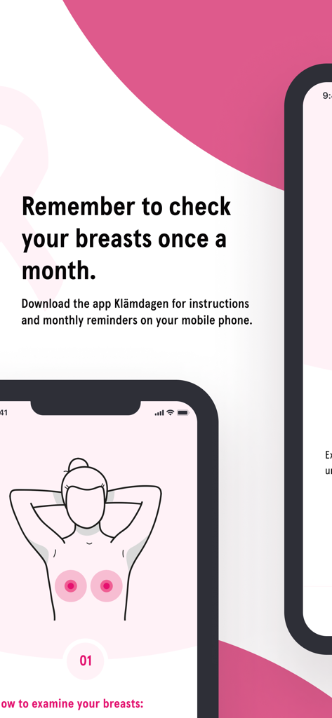 Squeeze Day - A smartphone displaying a woman's breast self-examination illustration with a prompt to check monthly.