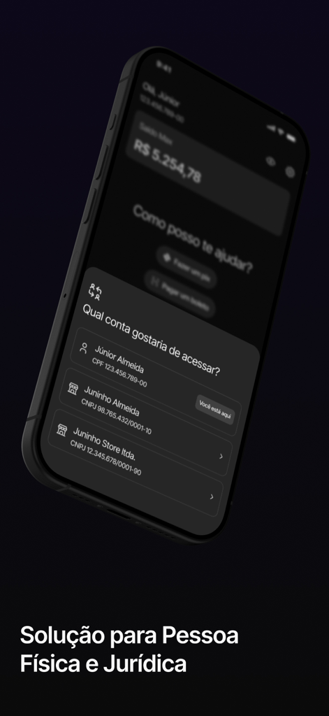 Max: Banco digital 100% por IA - Interface of the Max digital bank app showing a selection of personal and business accounts