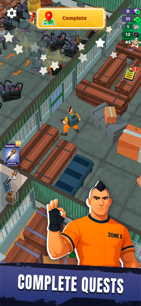 Zone X: Wasteland Survival - Captura de pantalla del gameplay de Zone X Wasteland Survival mostrando a un personaje en un almacén con una notificación para completar misiones