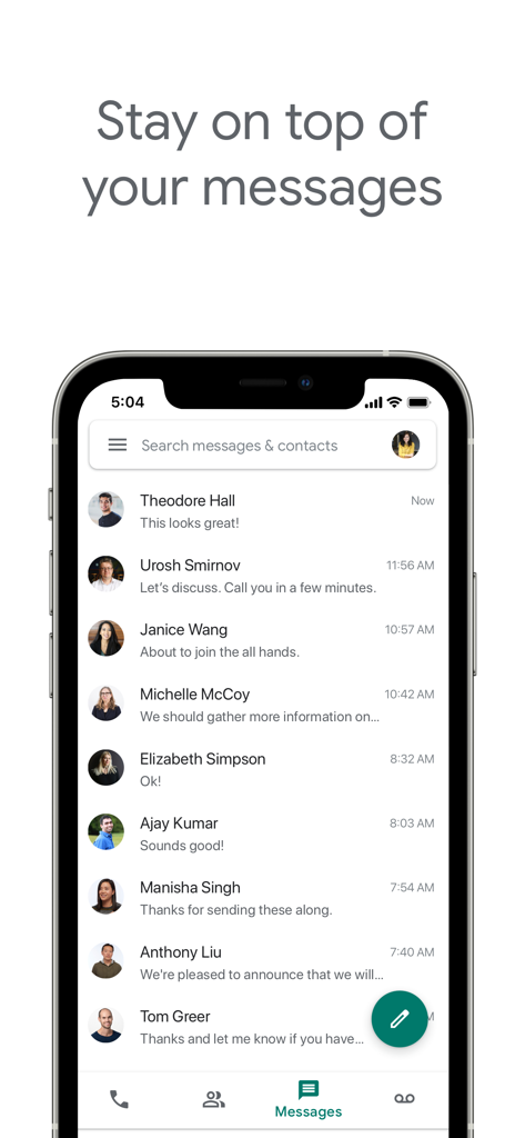Google Voice app messaging interface showing a list of recent text conversations on a mobile device.