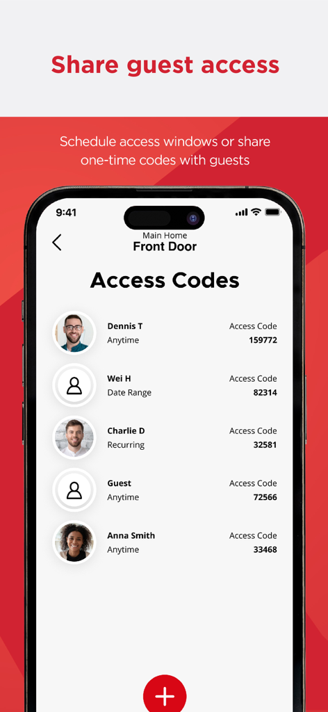 Kwikset - Interface of the Kwikset app showing a list of guest access codes and schedules for various users.