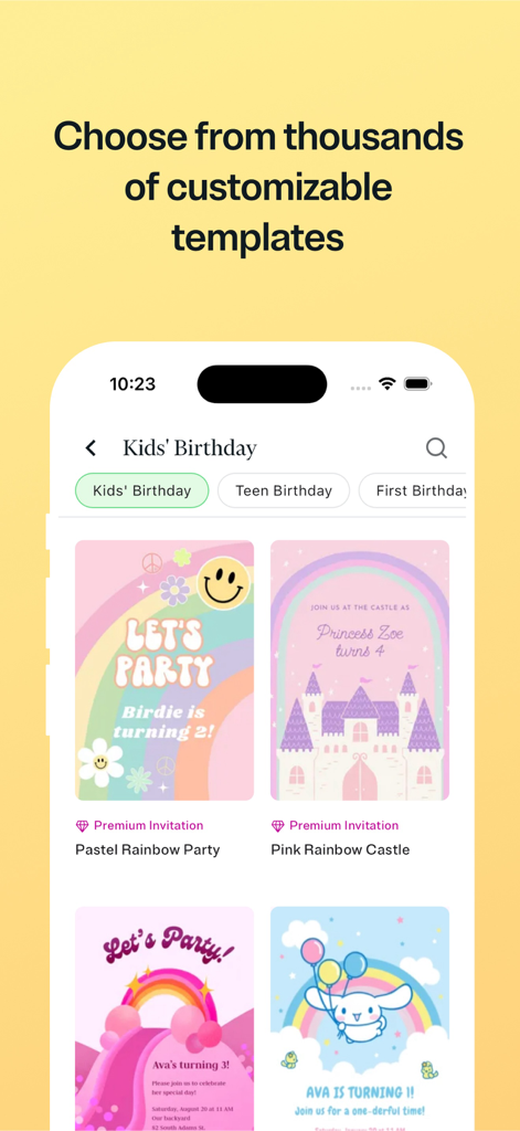 Evite: Party Invitation Maker - Evite app showing a variety of customizable digital invitation templates for kids birthday parties