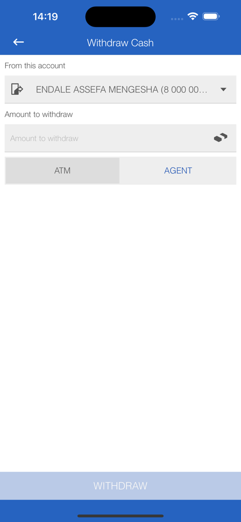 Awash-Online - Interface of the Awash-Online mobile app showing the withdraw cash screen with options for ATM or Agent withdrawal.
