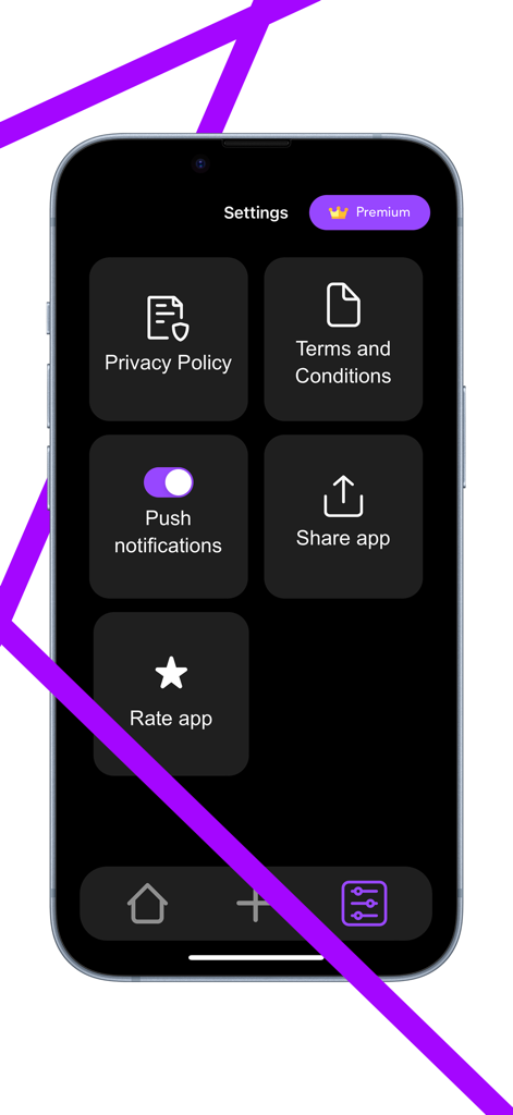Package tracker for Fedex,UPS - Pantalla de configuración de la aplicación Track Parcel que muestra opciones para notificaciones, política de privacidad y suscripción premium.