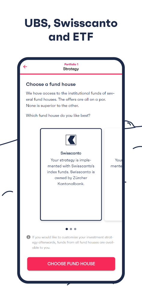 finpension - A mobile interface for choosing an investment fund house within the finpension app featuring Swisscanto.