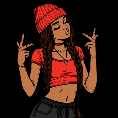 realistic teenage girl with braids and a beanie and crop top doing 🫶🏼