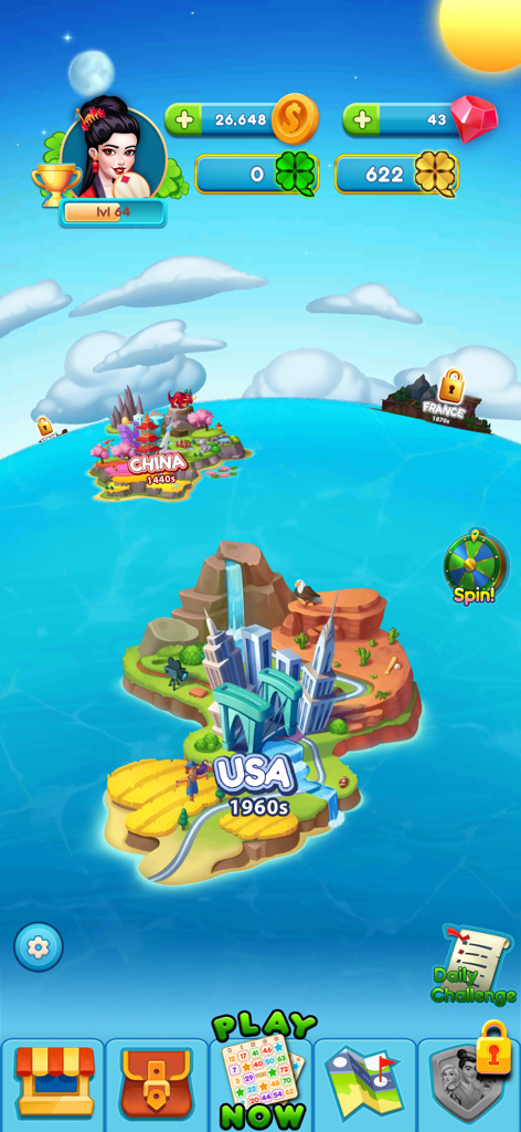 Planet Bingo Quickplay - A colorful world map in Planet Bingo Quickplay showing game progression through different historical eras like USA 1960s and China 1440s.