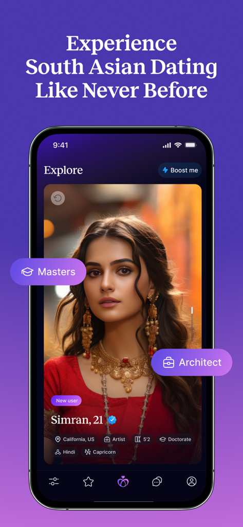 A screenshot of the Vinita dating app showing a South Asian woman's profile with cultural and professional attributes