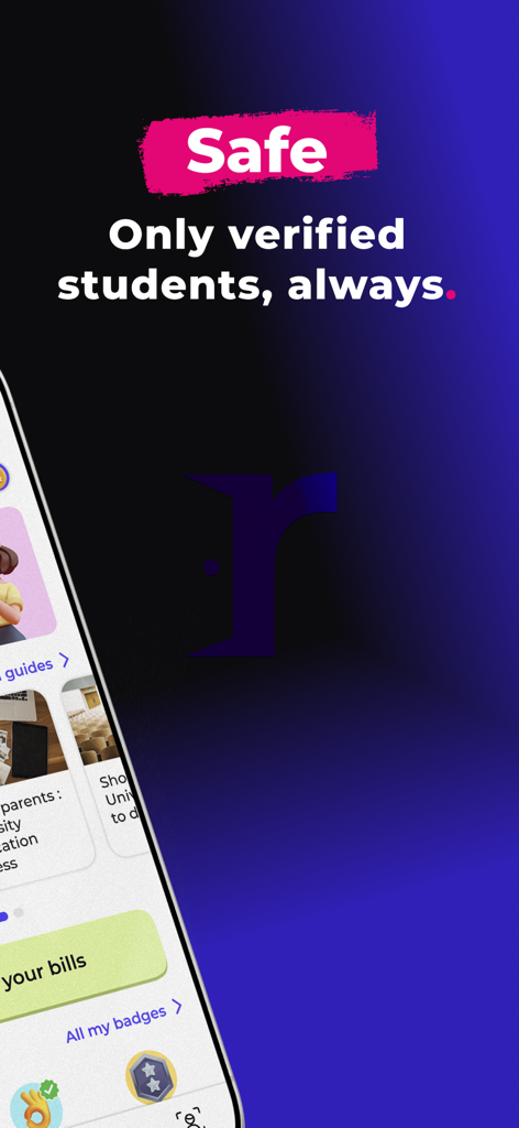 Pantalla de la aplicación Roome que destaca la seguridad con un mensaje que indica que solo se permiten estudiantes verificados