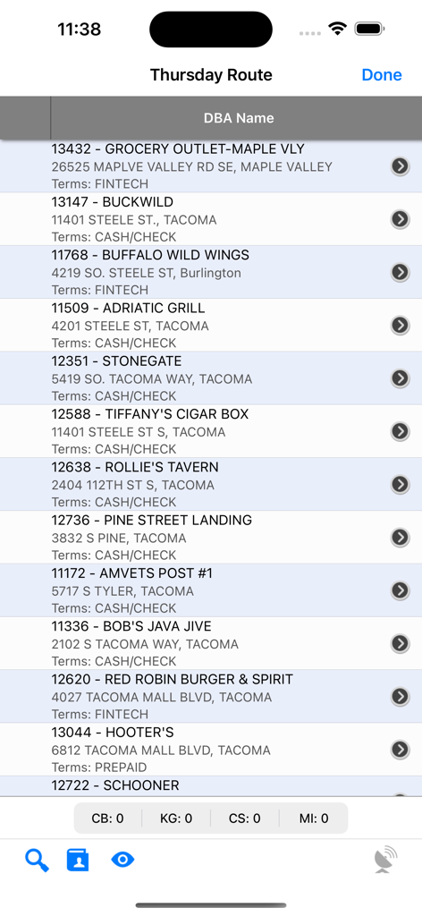 VIP Sales app displaying a daily route list of beverage retail accounts