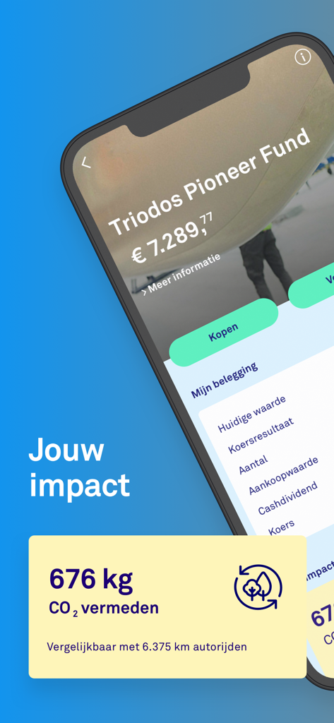 Triodos Bank mobile app displaying sustainable investment impact and CO2 reduction data