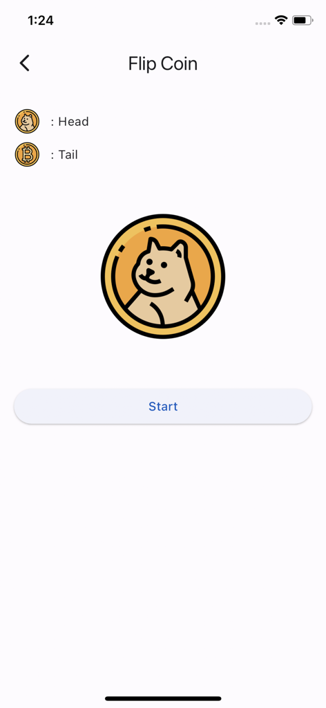 Digital coin flip screen with Doge and Bitcoin icons in the Draw Lots Tool app