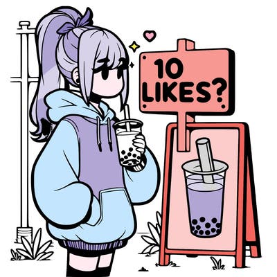 girl with oversized hoodie drinking boba and she has a high ponytail with a sign that says 10likes?