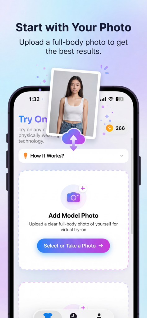 Try On: AI Clothes Changer - Mobile app interface showing the upload photo screen for virtual AI clothing try-on
