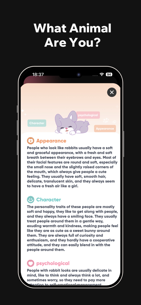 AnimalFace - looksmax ai score - A mobile screen from the AnimalFace app showing a detailed analysis of the rabbit face archetype including appearance and character traits