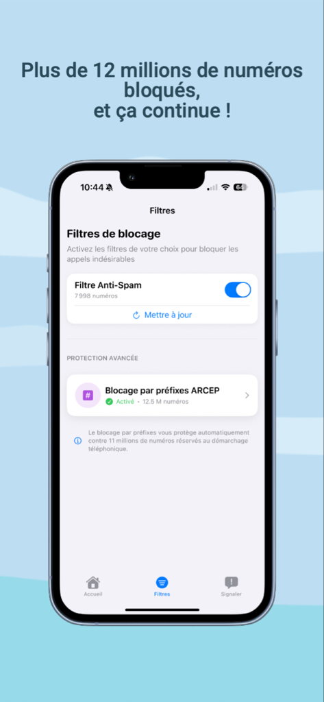 A screenshot of Silence app on an iPhone showing anti-spam filters and the 12 million blocked numbers counter.