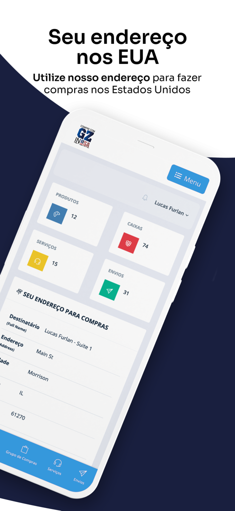 Compre com GZ in USA - Compre com GZ in USA app screen showing a personal US address for international shopping and package management