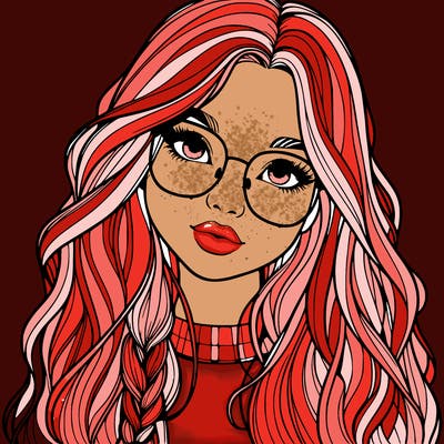 girl with long hair and freckles and glasses realistic