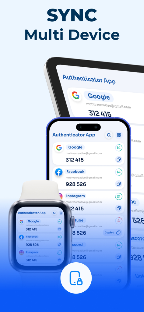 Interface do App Autenticador exibindo códigos 2FA sincronizados entre iPhone, iPad e Apple Watch
