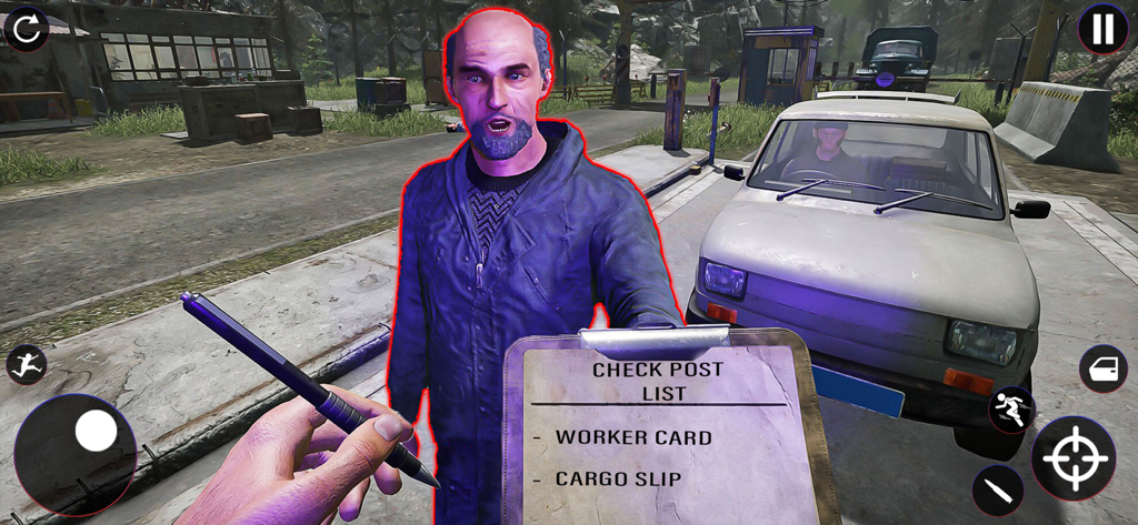 Police Patrol Officer Games 3D - Vista en primera persona de un oficial de policía revisando los documentos de un sospechoso en un punto de control en un juego de simulación 3D.