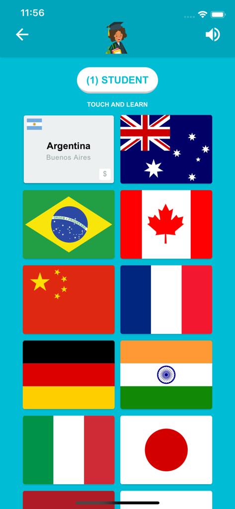 Mobile app interface showing a grid of world flags in study mode with one card displaying Argentina and its capital