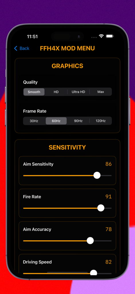 Regedit ffh4x vip mod menu - Interface of FFH4X Mod Menu showing graphics and sensitivity settings sliders