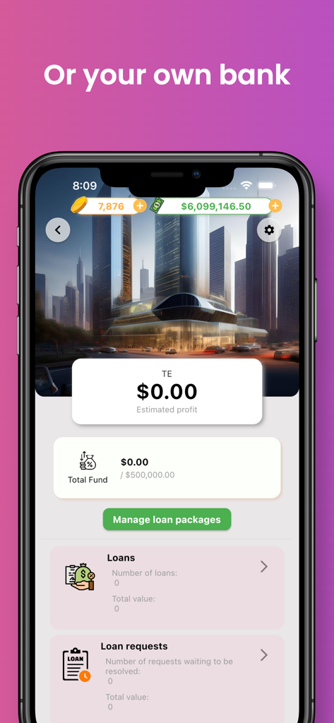 Sim Life - Business Simulator - Sim Life Business Simulator app interface for managing a virtual bank and loan packages