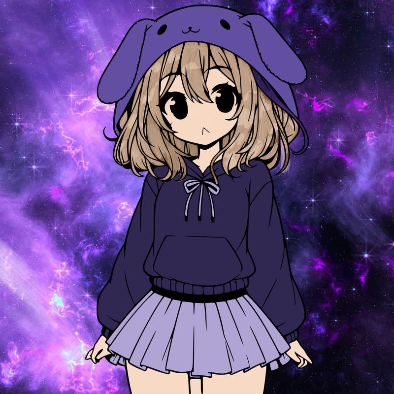 pretty anime girl wearing a fluffy hoodie with bunny ears on the hood and a skirt