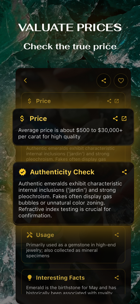 Rocks: Gemstone Identifier AI - Mobile app interface displaying gemstone price estimates and an authenticity check for an emerald.