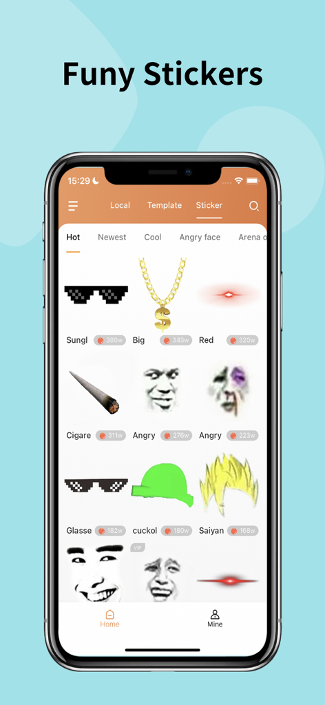Mobile App-Oberfläche, die eine Bibliothek mit lustigen Stickern für Memes anzeigt, darunter Sonnenbrillen und Emoji-Gesichter