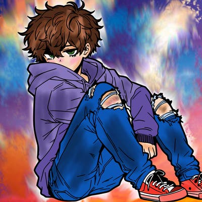 a male hoddie ripped jeans messy hair anime
