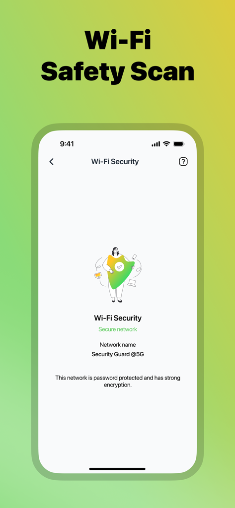 Security Guard - Safe Web - Security Guard app Wi-Fi security scan showing a secure network status.