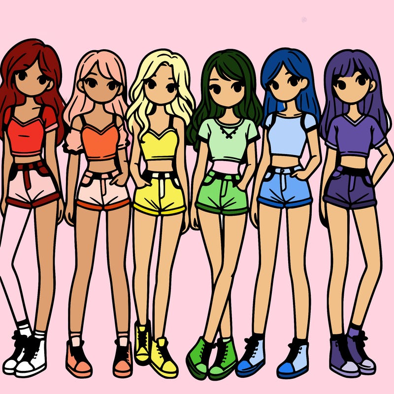 a group of girls wearing crop tops and shorts