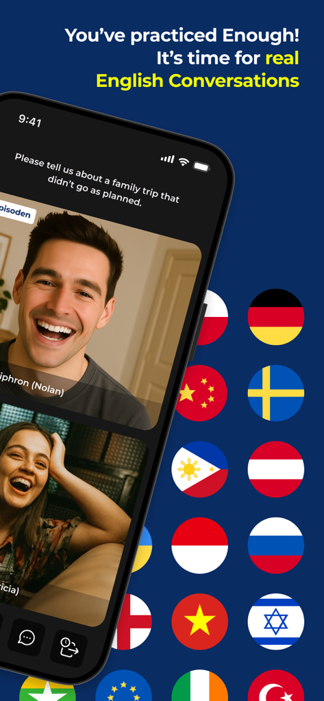 Interface do aplicativo Episoden mostrando uma chamada de vídeo 1:1 para prática de conversação em inglês com fundo de bandeiras globais
