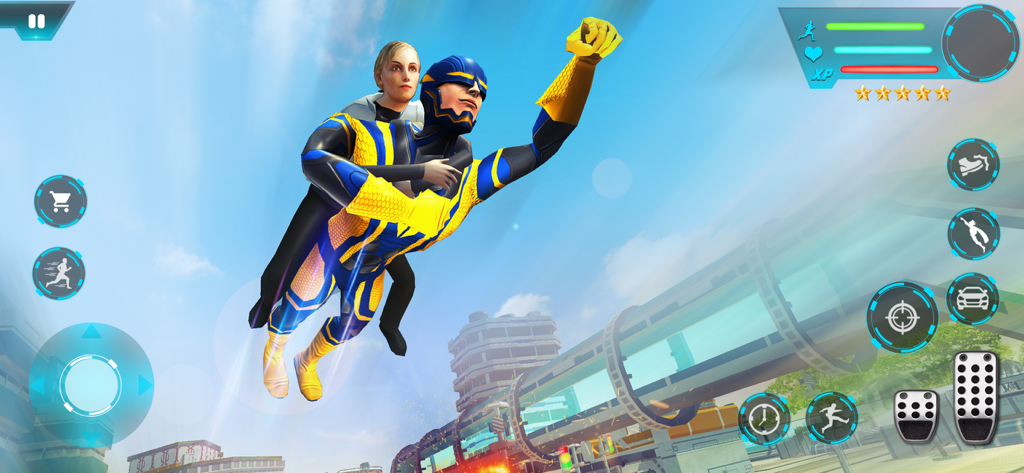 Super Hero City Rescue Sim - Un superhéroe con un traje azul y amarillo volando por la ciudad mientras lleva a una persona a un lugar seguro