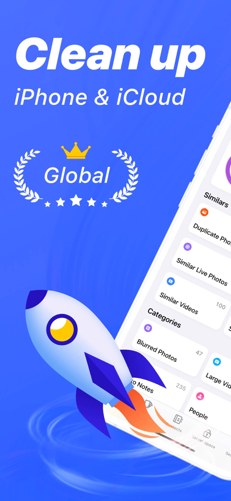 Easy Cleaner 앱 홍보 화면, iPhone 및 iCloud 저장 공간 정리 기능과 로켓 삽화 및 카테고리 목록 표시