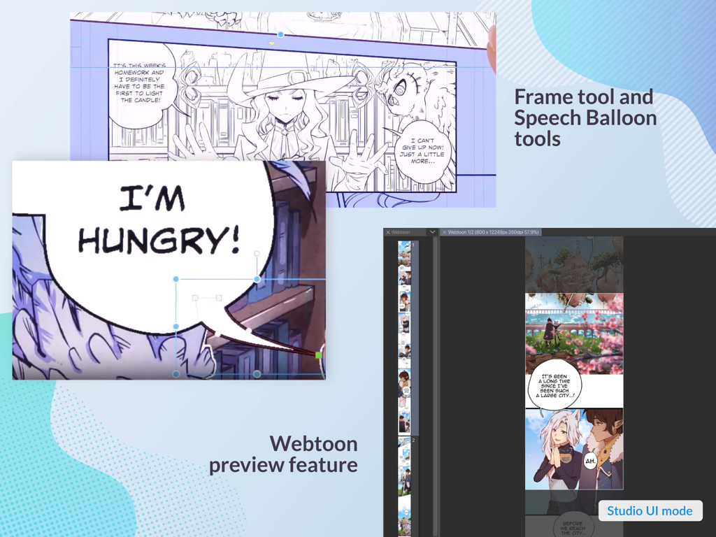Clip Studio Paint - Webtoon preview and speech balloon tools in Clip Studio Paint interface