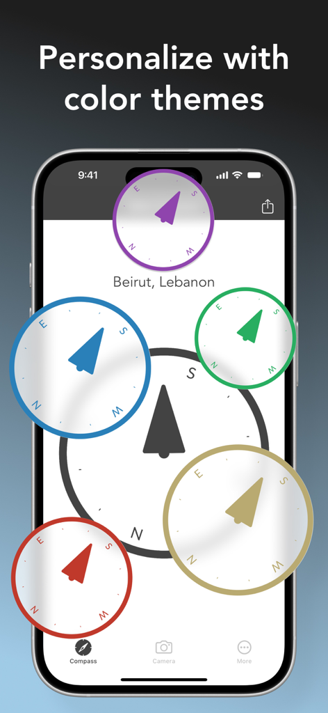 Qibla Compass | بوصلة القبلة - Schermo dello smartphone che mostra vari temi di colore per l'app Bussola Qibla