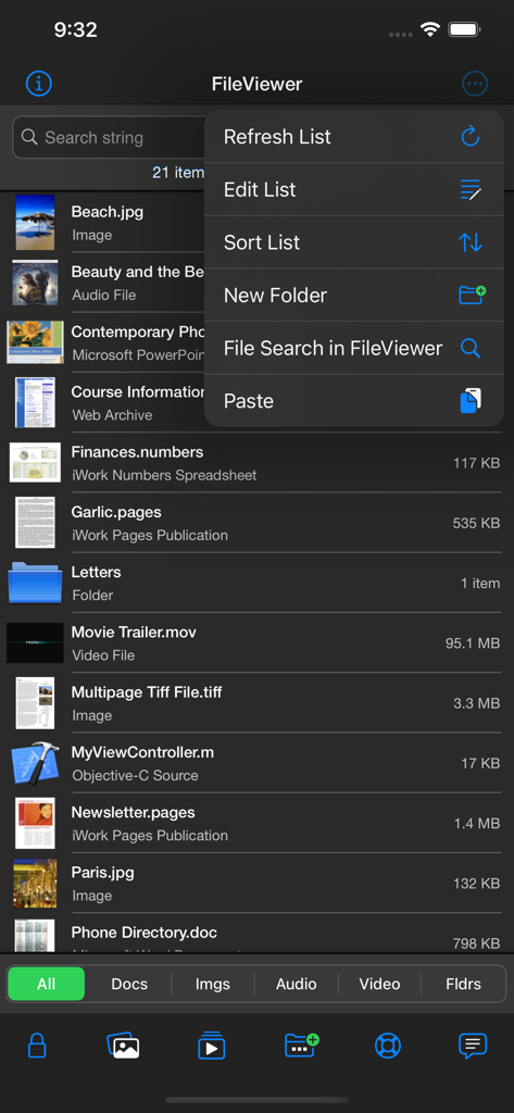 FileViewer USB for iPhone - Aplicación FileViewer USB mostrando una lista de varios tipos de archivos y un menú de opciones en un iPhone.
