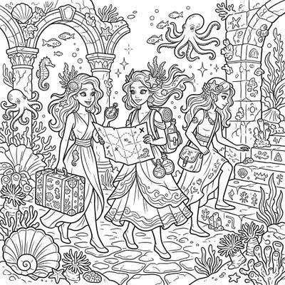 Embark on a magical journey with our captivating Sea Witches Vacation coloring page, perfect for teens and adults. Explore an intricate underwater world filled with adventurous witches, ancient ruins, and wondrous marine life, ready for your creative touch.