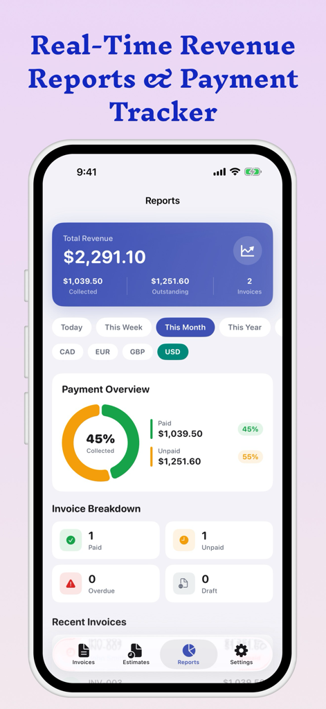 Invoice Maker Estimate Billing - Panel de la aplicación móvil que muestra informes de ingresos y gráficos de seguimiento de pagos.
