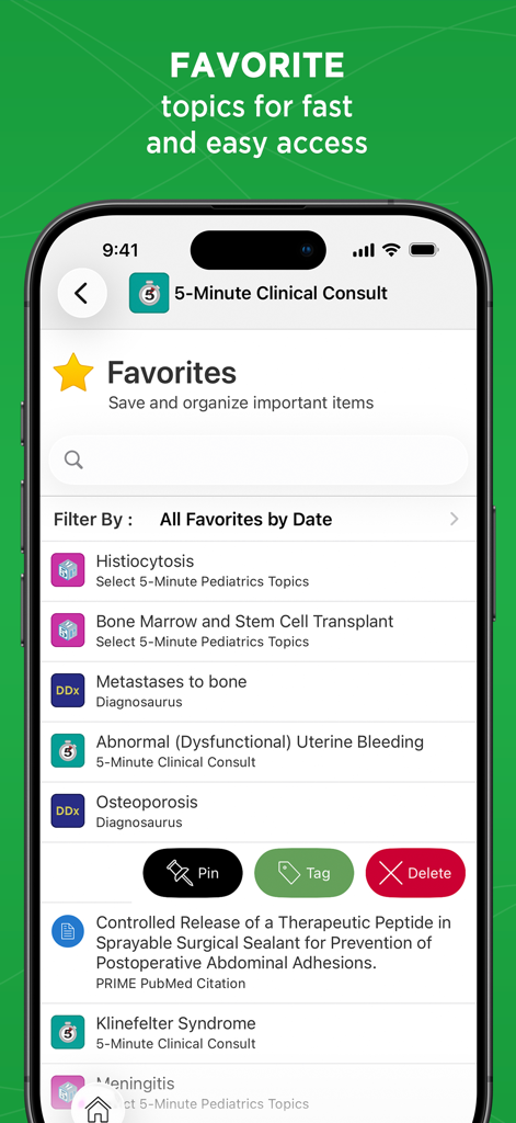 Tela de favoritos do aplicativo 5 Minute Clinical Consult listando tópicos médicos marcados para referência rápida.