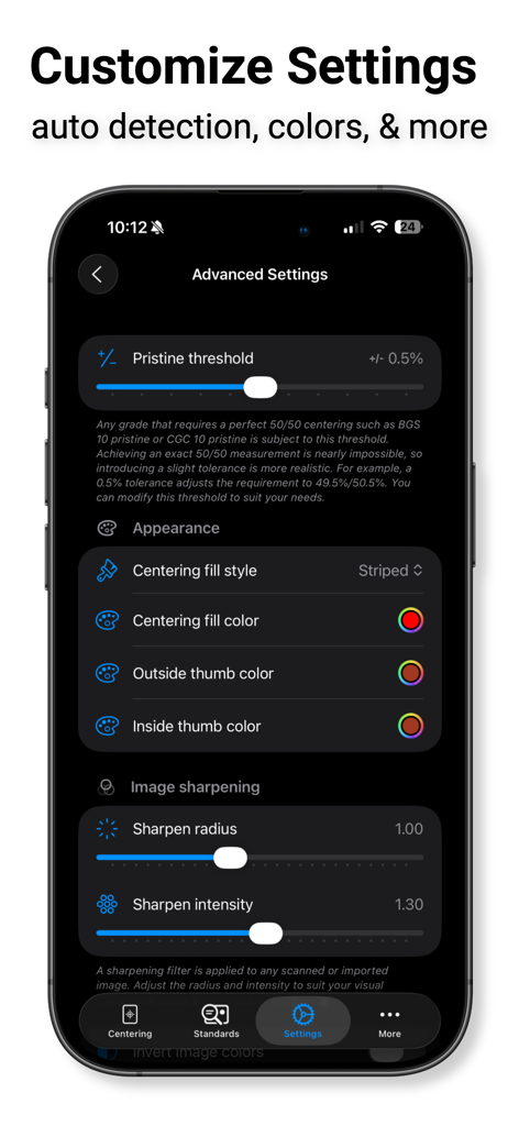 Advanced settings screen of the Card Centering Calculator app showing options for pristine threshold appearance and image sharpening customization.