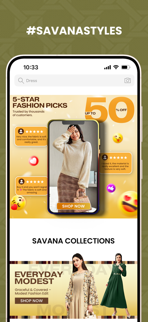 Interfaz de la aplicación móvil Savana con colecciones de moda, reseñas de usuarios y descuentos