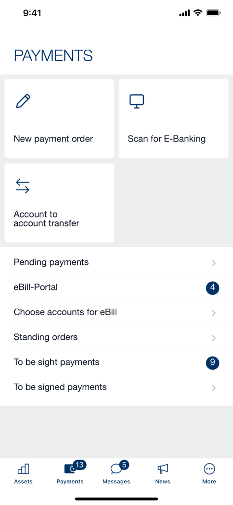 SB Saanen Bank - Payments dashboard of the SB Saanen Bank mobile app showing transaction options and account transfers
