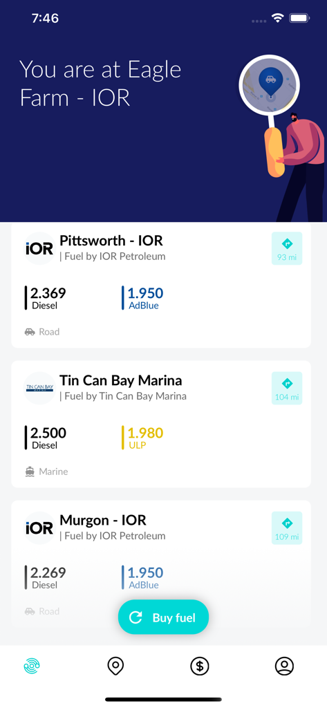FuelCharge - Liste der nahegelegenen Straßen- und Marine-Tankstellen mit aktuellen Preisen in der mobilen FuelCharge-App.