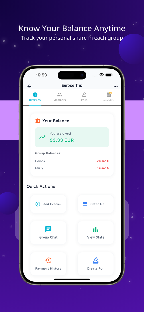 SplitUp – Split & Share Bills - Interface of the SplitUp app showing group balances and quick actions for managing shared expenses on a trip