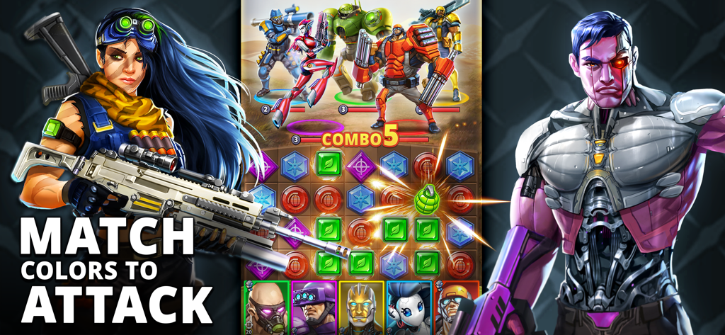 Puzzle Combat: RPG Match 3 - Una captura de pantalla de Puzzle Combat que muestra héroes y una cuadrícula de puzle de Match-3 con el texto "Match Colors to Attack".